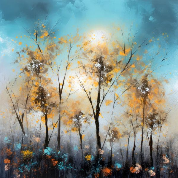 Peinture abstraite moderne Jaune forêt d'automne par Preet Lambon