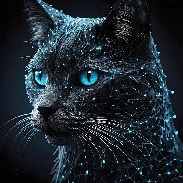 Digital Mysticism: Abstract Portrait of a Black Cat by Retrotimes
