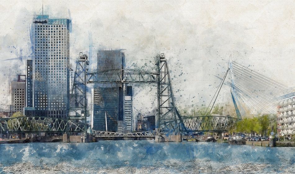 Waterverf met schets van Rotterdam met De Hef