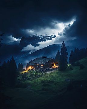 Huis in de bergen van fernlichtsicht