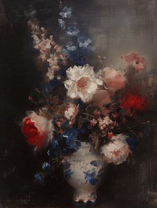 Klassisches Stillleben mit Blumen in Rot, Weiß und Blau