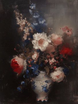 Klassiek Stilleven met bloemen in rood, wit en blauw van Carla Van Iersel