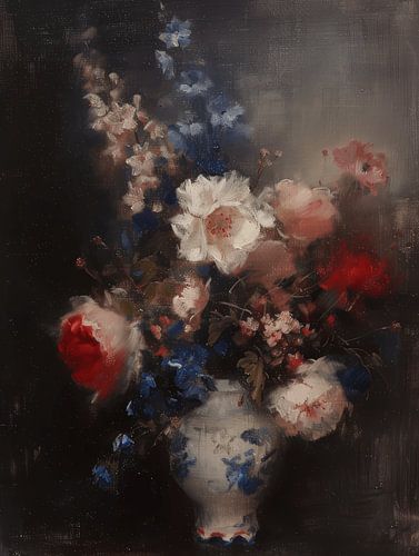Klassiek Stilleven met bloemen in rood, wit en blauw