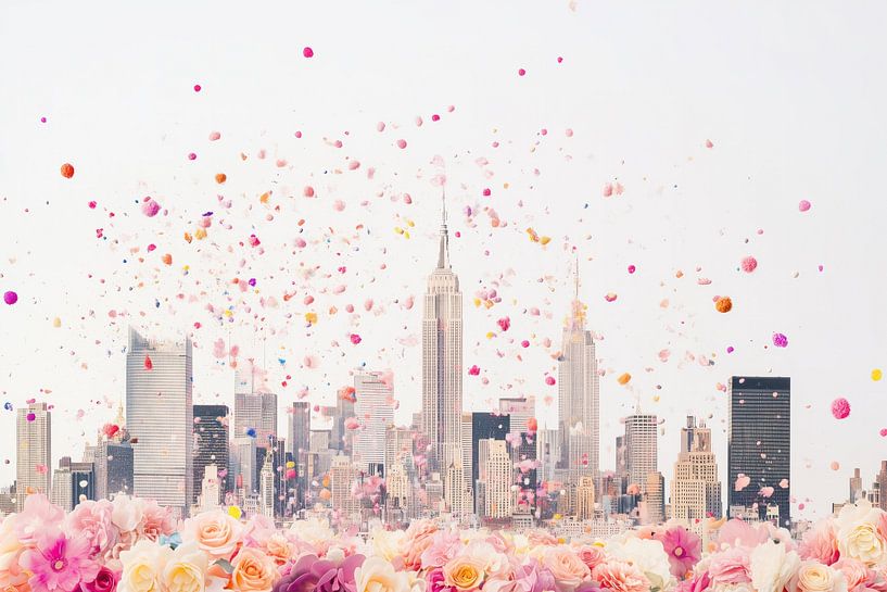 Minimalist artwork: New York skyline with pastel flowers by Thea