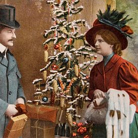 Vintage Victoriaanse kerst met kerstboom en verliefd koppel van Patricia Hofmeester