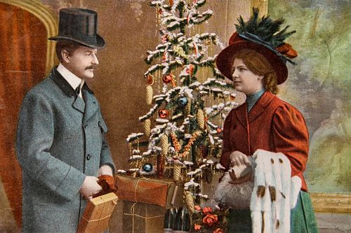 Vintage Victoriaanse kerst met kerstboom en verliefd koppel