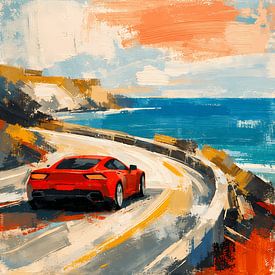 Red sports car on the coastal road by ButterflyPix