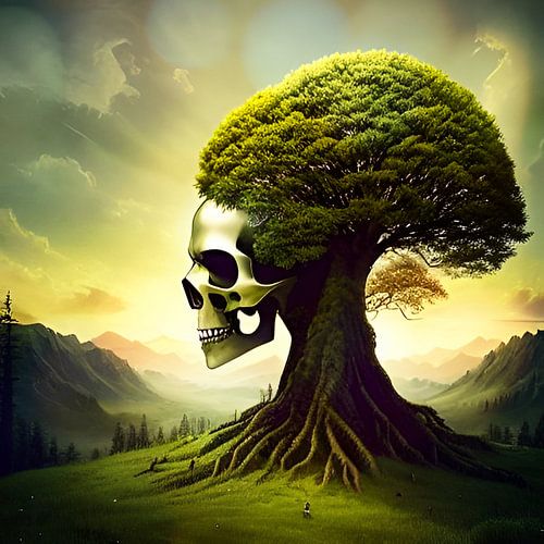 Schedels in bomen en in stillevens verwerkt
