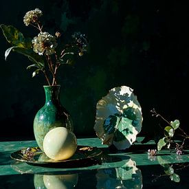 Klassiek modern stilleven met bloemen in groen van Mad Dog Art