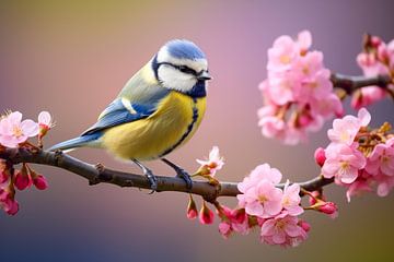 Mésange bleue sur une branche fleurie au printemps sur Animaflora PicsStock