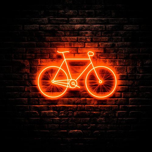 Neon fietssymbool op stenen muur