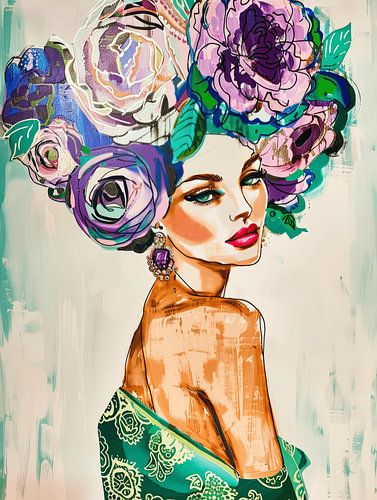 Modernes Porträt in Grün und Lila