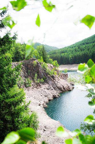 Bezaubernde Aussicht auf den Bergsee, umgeben von üppigem Grün