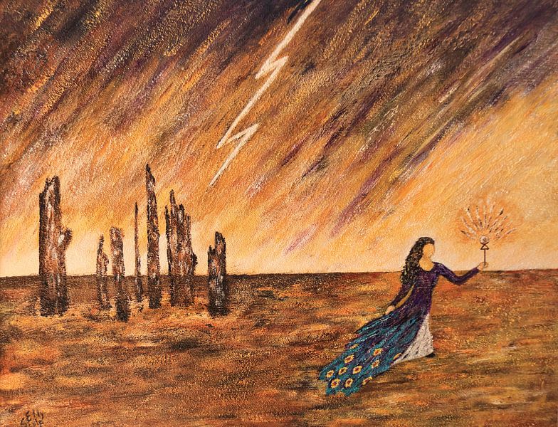 Fantasie schilderij met een vrouw, bliksem en boomstronken van Bobsphotography