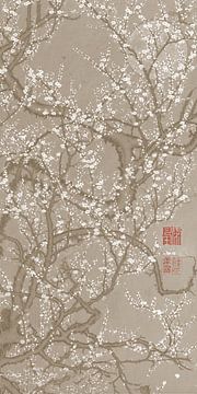 Japanischer Vintage-Druck. Pflaumenblüte bei Vollmond in hellem Taupe