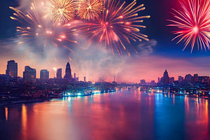 Feuerwerk über der Stadt mit Fluss Wallpaper