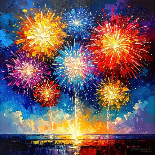 Vuurwerk tussen duisternis en nieuw begin: een abstract, kleurrijk spektakel op de drempel van verleden en nieuw begin