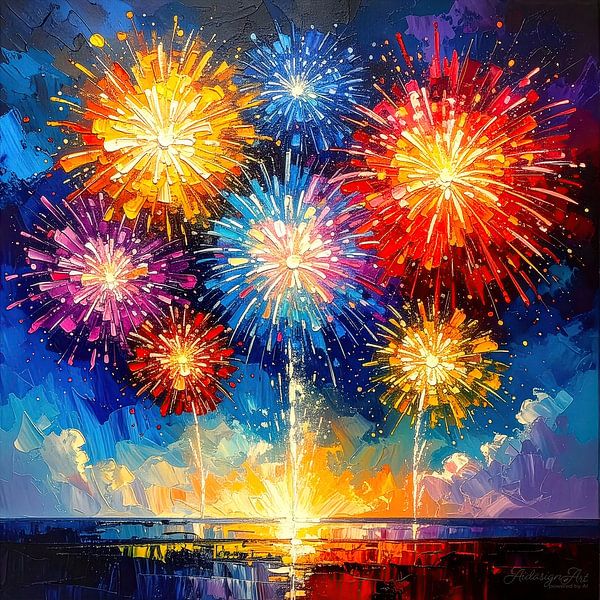 Fireworks between darkness and new beginnings: an abstract, colourful spectacle on the threshold of the past and new beginnings by AidasignArt