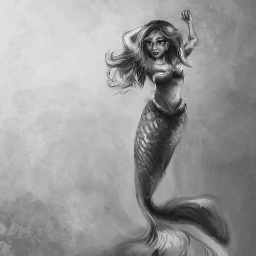 Artwork of sturdy mermaid. Black and white painting on high resolution.Oil painting style in shades 