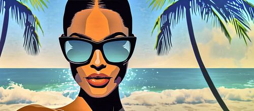 Modieuze vrouw op het strand in de zon
