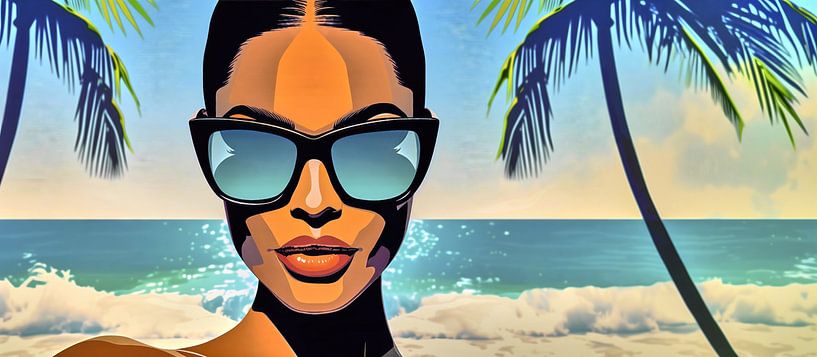Modieuze vrouw op het strand in de zon van Frank Heinz