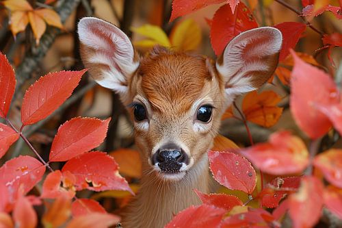 Hert verscholen in herfstbladeren