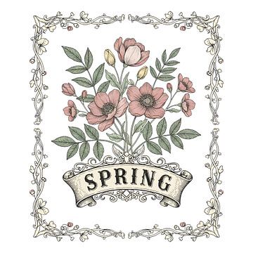 Het bloemenboeket van de vintagelente met Ornaatkaderillustratie