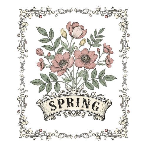 Het bloemenboeket van de vintagelente met Ornaatkaderillustratie