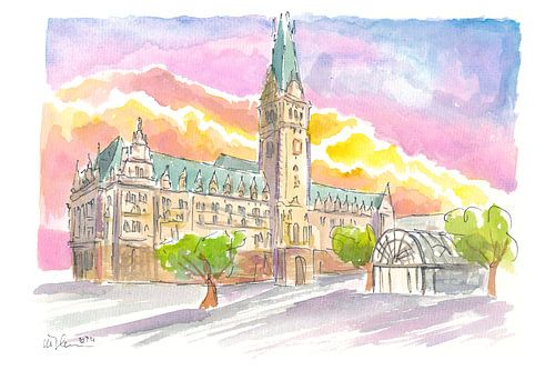 Hambourg Allemagne Hôtel de ville Coucher de soleil Scène d'aquarelle