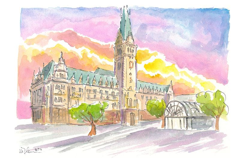 Hamburg Deutschland Rathaus Sonnenuntergang Aquarell-Szene von Markus Bleichner