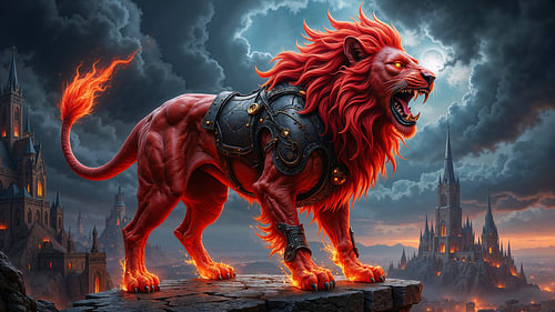 Fantasy Gothic Wall Art: VARETHOS - The red lion above the cathedrals of the dark night