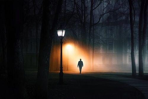 Eenzame man in de mist bij nacht