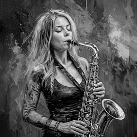 Frau mit Saxophonisten in Schwarz-Weiß von STUDIO ARTSY