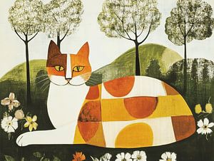 Bunte Katze | Sitzende Katze in Grün