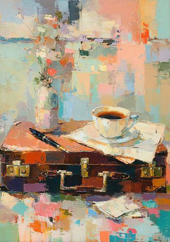 Stilleven met koffer en koffie