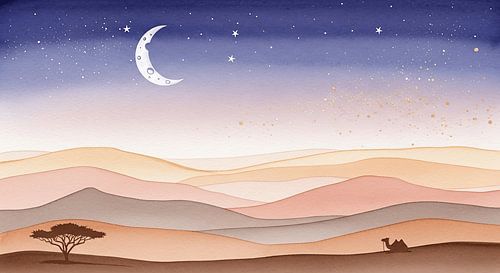 Desert Night Under Crescent Moon