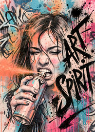 Art Spirit – Street-Art-Kunstwerk in leuchtenden Farben – Frau mit Sprühdose von Emiel de Lange