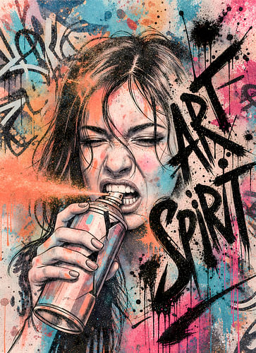 Art Spirit – a street art piece in vibrant colours – a woman with a spray can by Emiel de Lange