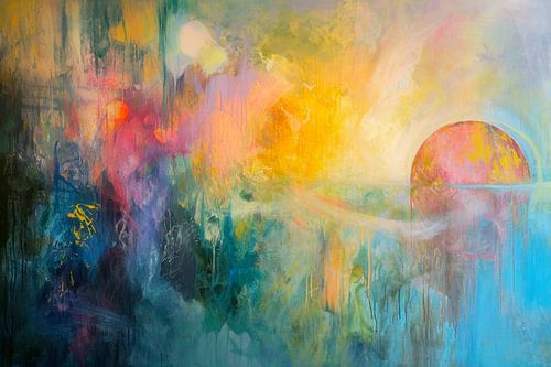 Abstract schilderij, geel, roze, blauw en groen