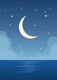 Illustration vectorielle de style plat représentant un croissant de lune se reflétant sur les eaux calmes et bleues de l'océan. sur Adam Khabibi