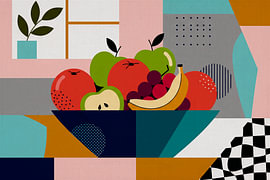 Modernes Obststillleben: Frisches Obst auf einer Schale von Studio Pieternel