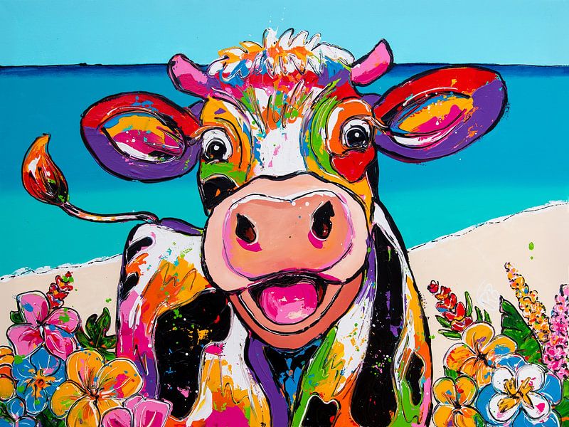 Cheerful cow among tropical flowers by Happy Paintings / Renata Rolefes