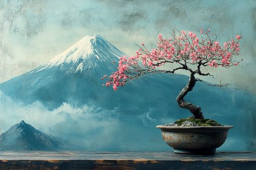 Fuji berg met bonsai boompje op voorgrond