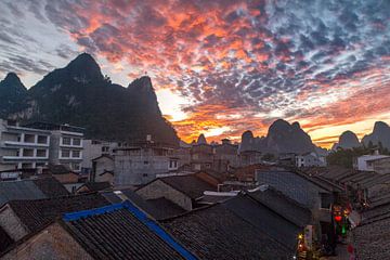 Sunset over the karst mountains and xingping old street,Yangshuo ( china ) by Gregory Michiels Photography