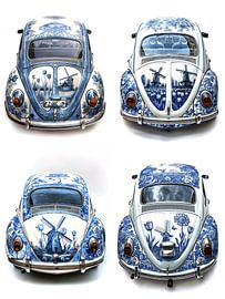 Collage von vier verschiedenen VW-Käfer-Autos mit Delfter Blau-Karosserie von Margriet Hulsker