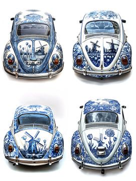 Collage van vier verschillende VW kever auto's met Delfts blauwe body van Margriet Hulsker