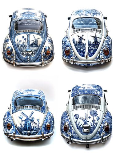 Collage of four different VW beetle car's with Delft blue body