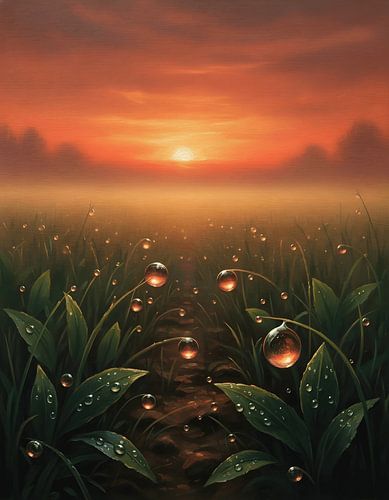 De gloed van de zonsondergang weerspiegeld in de dauw