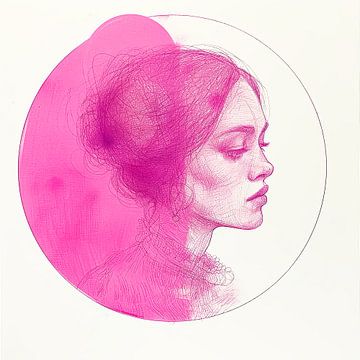 Vrouwen portret in roze inkt van Vlindertuin Art