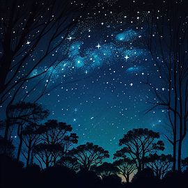 Starry night sky with tree silhouettes by Vythryd Arts